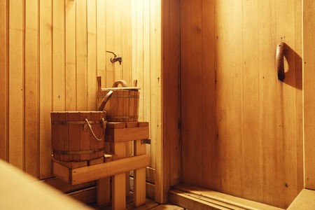 Interior of Finnish sauna, classic wooden sauna, Relax in hot saunaの写真素材