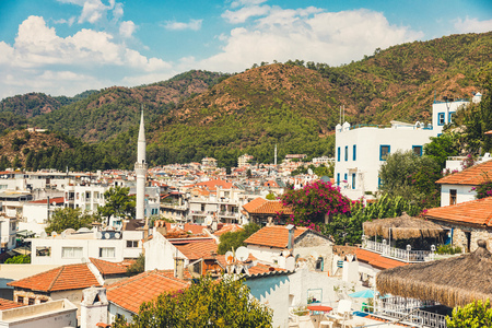 Panoramic view of old street around Castle in Marmaris Town. Marmaris is popular tourist destination in Turkey. Residential area of Marmaris, not far from the castleの写真素材
