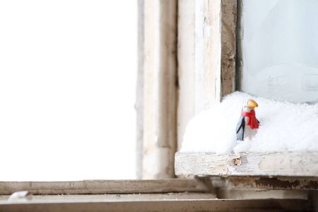Penguin at a snow-covered winter window.の写真素材