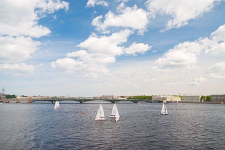 Sailing Regatta in St. Petersburg, Russia. Yachts sailing on the river under the blue skyのeditorial素材