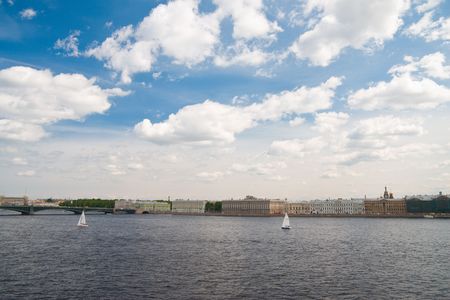 Sailing Regatta in St. Petersburg, Russia. Yachts sailing on the river under the blue skyのeditorial素材
