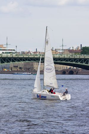 Sailing Regatta in St. Petersburg, Russia. Yachts sailing on the river under the blue skyのeditorial素材