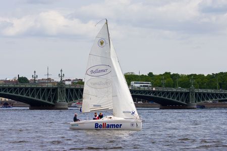 Sailing Regatta in St. Petersburg, Russia. Yachts sailing on the river under the blue skyのeditorial素材