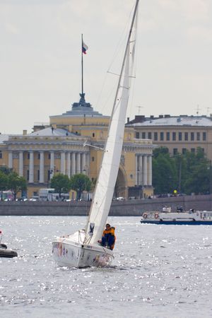 Sailing Regatta in St. Petersburg, Russia. Yachts sailing on the river under the blue skyのeditorial素材