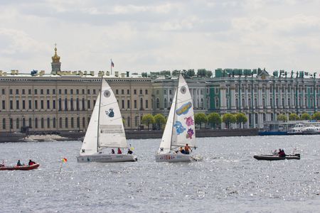 Sailing Regatta in St. Petersburg, Russia. Yachts sailing on the river under the blue skyのeditorial素材