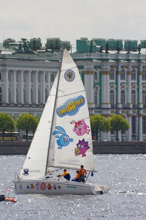 Sailing Regatta in St. Petersburg, Russia. Yachts sailing on the river under the blue skyのeditorial素材