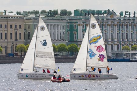 Sailing Regatta in St. Petersburg, Russia. Yachts sailing on the river under the blue skyのeditorial素材