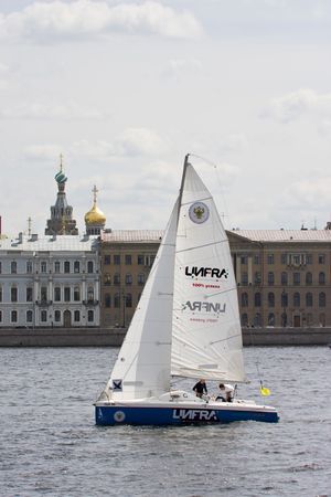 Sailing Regatta in St. Petersburg, Russia. Yachts sailing on the river under the blue skyのeditorial素材