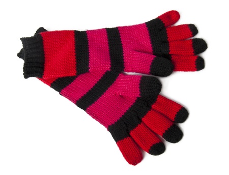 Striped red pair of the gloves on white backgroundの写真素材