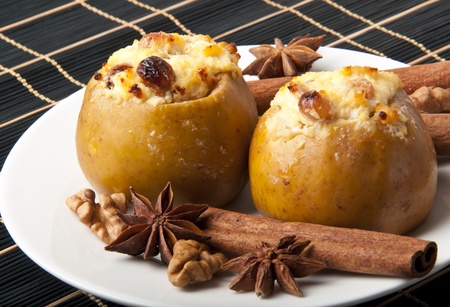 Appetizing baked apples with cottage cheeseの写真素材