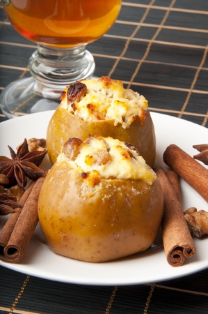 Appetizing baked apples with cottage cheeseの写真素材
