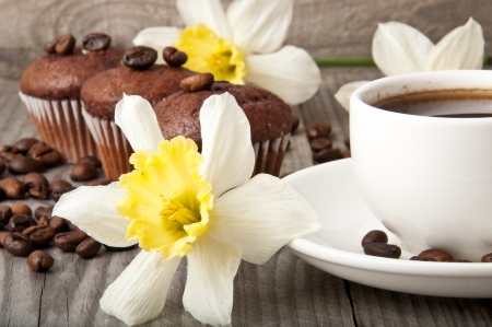 cup of coffee and chocolate cakeの写真素材