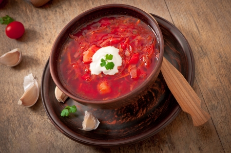 Ukrainian and russian national red soup borsch closeupの写真素材