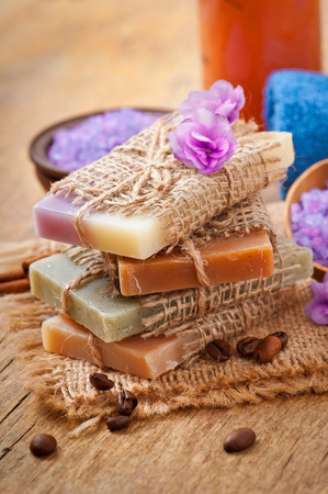 Natural soap on wooden backgroundの写真素材