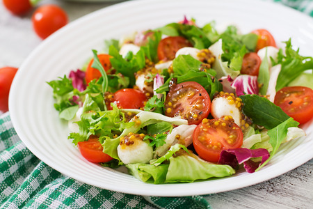 Dietary salad with tomatoes, mozzarella lettuce with honey-mustard dressingの写真素材