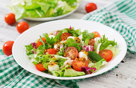 Dietary salad with tomatoes, mozzarella lettuce with honey-mustard dressingの写真素材