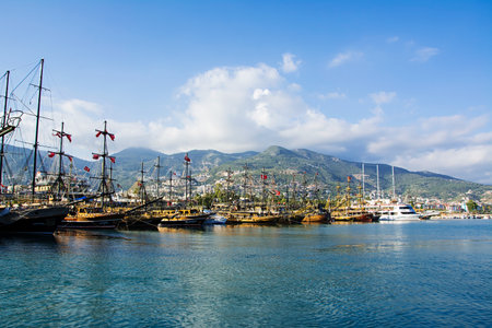ALANYA, TURKEY-27 APRIL 2016: Tourist boats in old harbour of Alanya, in Turkey.のeditorial素材