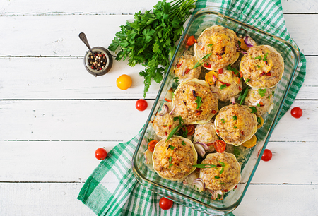 Squash stuffed with vegetables and meat. Top viewの写真素材