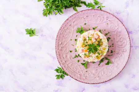 Traditional Russian salad "Olivier". New Year salad. Festive salad. Top viewの写真素材