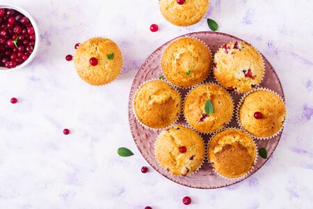 Tasty muffin (cupcake) with cranberries. Top viewの写真素材