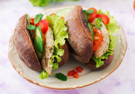 Two delicious and healthy sandwich hot dog with chicken and vegetables.の写真素材