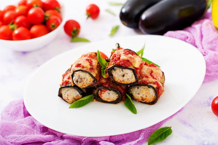 Eggplant (aubergine) rolls with meat in tomato sauceの写真素材