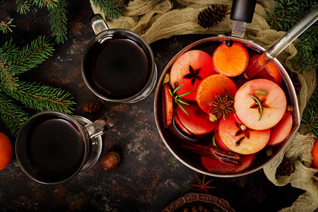 Christmas mulled wine and spices. Christmas background. Flat lay. Top viewの写真素材