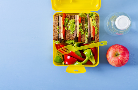 Healthy school lunch box with beef sandwich and fresh vegetables, bottle of water and fruits on blue background. Top view. Flat layの写真素材