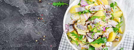 Traditional  salad of salted herring fillet, fresh apples,  red onion  and potatoes. Kosher food. Scandinavian cuisine. Banner. Top view. Flat layの写真素材