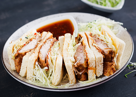 Katsu Sando - food trend japanese sandwich with breaded pork chop, cabbage and tonkatsu sauce. Japanese cuisine.の写真素材