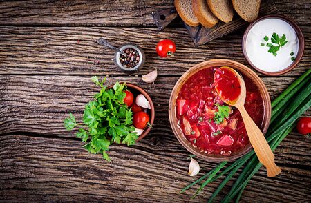 Traditional Ukrainian Russian borscht or red soup in the  bowl. Top viewの写真素材