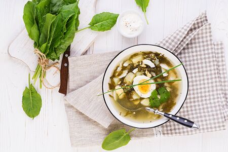Green soup of sorrel in white bowl. Flat lay. Top viewの写真素材