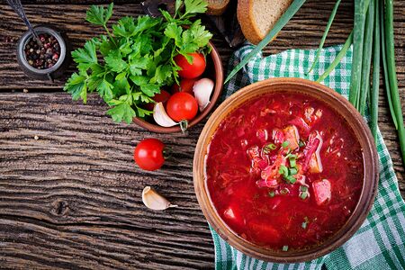 Traditional Ukrainian Russian borscht or red soup in the  bowl. Top viewの写真素材