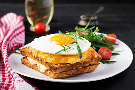 Breakfast. French cuisine. Croque madame sandwich close up on the table.の写真素材