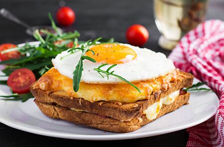 Breakfast. French cuisine. Croque madame sandwich close up on the table.の写真素材