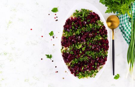 Kosher food, jewish salad. Herring,  pickled cucumber, beet, potato and apples salad on white  bowl.  Top view, copy space, flat layの写真素材