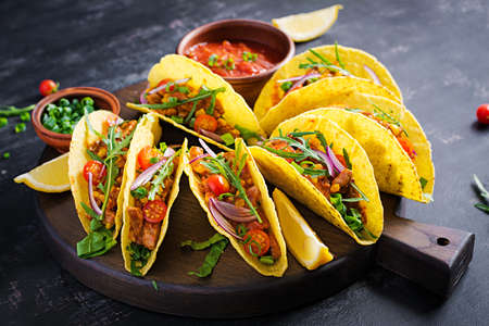 Taco. Mexican tacos with beef meat, corn and salsa. Mexican cuisine. copy space.の写真素材