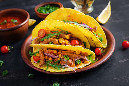 Taco. Mexican tacos with beef meat, corn and salsa. Mexican cuisine. copy space.の写真素材