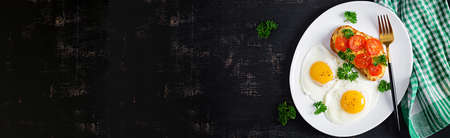 Fried eggs and a grilled chicken pate  sandwich on a dark background. Top view, banner, overheadの写真素材