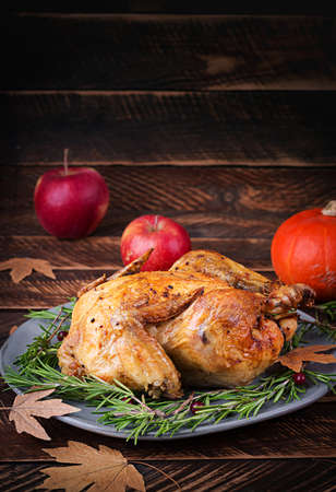 Roasted turkey garnished with cranberries on a rustic style table decorated with pumpkins, apples and autumn leaf. Thanksgiving Day.の写真素材
