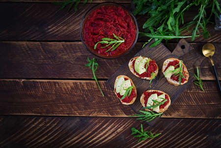 Vegetarian food. healthy eating. Sandwiches with beetroot pate. Top view, overhead