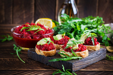 Vegetarian food. healthy eating. Sandwiches with beetroot pate.の写真素材