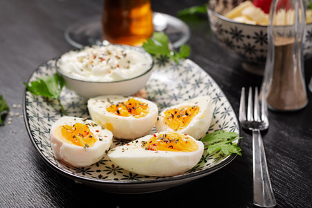 Boiled eggs with yogurt, peppers, parsley and cup tea. Healthy diet food for breakfast.の写真素材