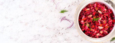 Beet Salad - Vinaigrette in a bowl. Dietary menu. Beet Salad. Salad of beetroot. Vegan food. Traditional Ukrainian cuisine. Top view, bannerの写真素材