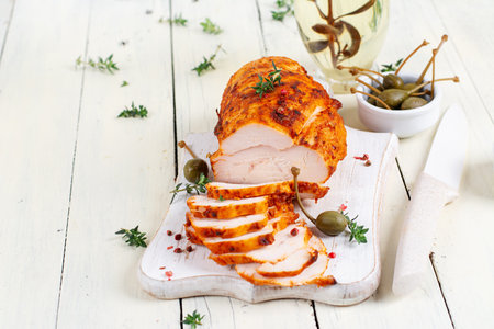 Chicken pastrami with red paprika and red pepper. Meat delicacy. Diet food.の写真素材