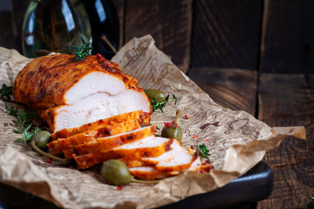 Chicken pastrami with red paprika and red pepper on wooden table. Meat delicacy. Diet food.の写真素材