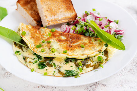 Healthy breakfast. Omelette with sorrel, cheese and radish salad. Keto, ketogenic lunch.の写真素材