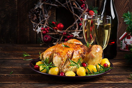 Baked chicken or baked turkey. The Christmas table is served with a turkey. Fried chicken, table setting. Christmas dinner.の写真素材
