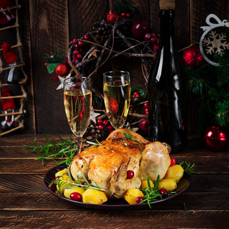 Baked chicken or baked turkey. The Christmas table is served with a turkey. Fried chicken, table setting. Christmas dinner.の写真素材