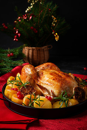Baked chicken or turkey. Table setting. Roasted chicken with potatoes and Christmas decoration. Tasty food vの写真素材